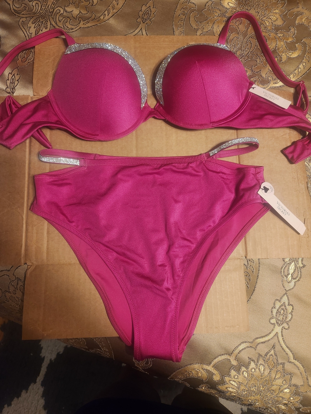 Victoria's Secret Hot Pink Rhinestone-Trim Bikini Set NWT